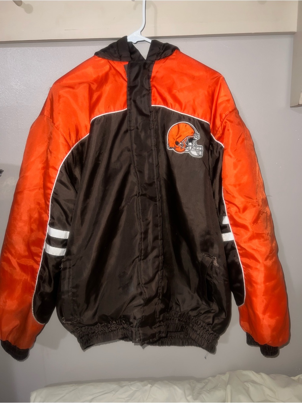 NFL Brown and Orange Hooded Puffer Jacket with Team Helmet Patch